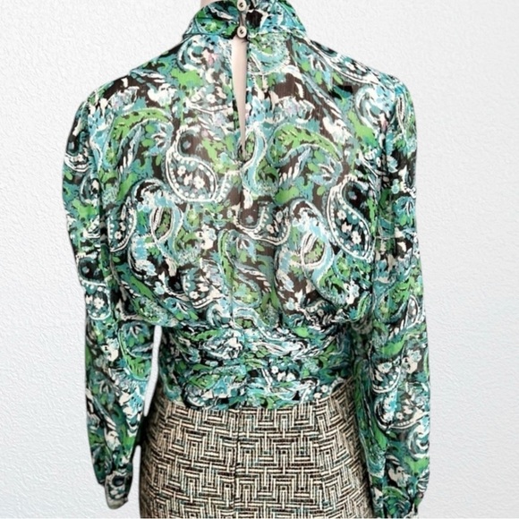 Zara Paisley Print High Neck Ruched Blouse Green + Multi SZ L - Picture 5 of 12